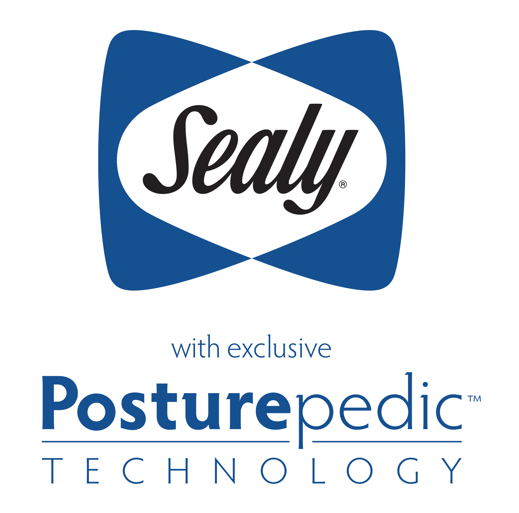 blue Sealy Posturepedic logo with the "with exclusive Posturepedic Technology" tagline